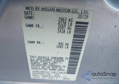 2020 Nissan Altima S Fwd z USA, uszkodzony, nr VIN 1N4BL4BV3LC187369